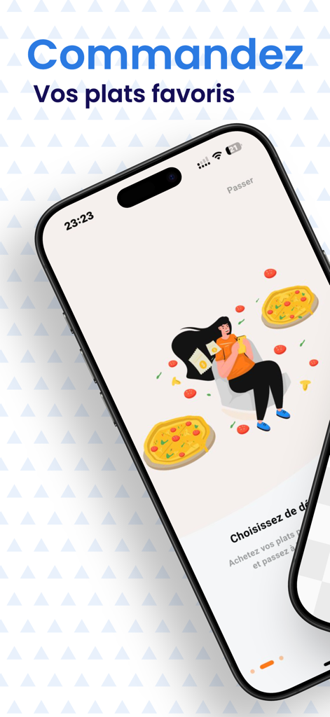 Tchop Xpress app screen with a woman ordering pizza and the text Commandez Vos plats favoris