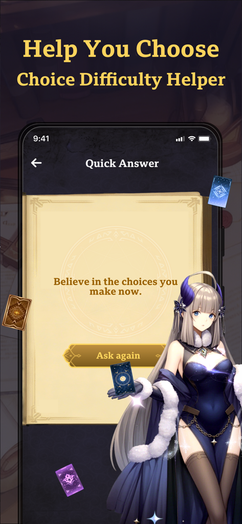 Interfaz de la aplicación Ask Book con un personaje de anime y un libro místico con un mensaje de guía