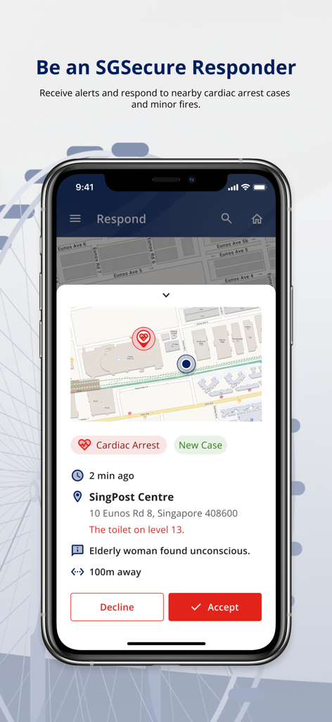 Interface of the SGSecure app displaying a cardiac arrest emergency alert and responder response options