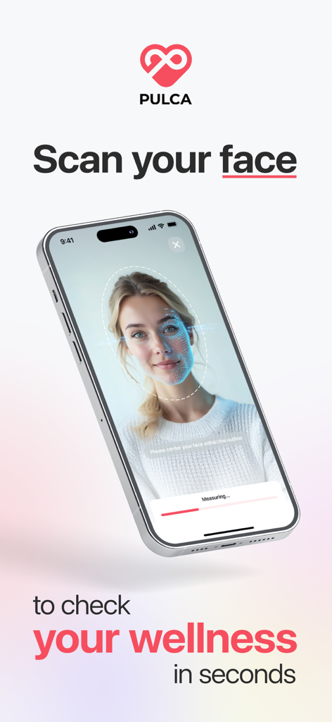 Heart Rate, HRV Tracker: Pulca - A smartphone screen displaying the Pulca app performing an AI face scan to provide wellness and health insights.