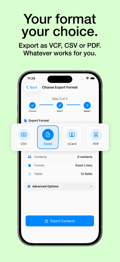 iPhone-Bildschirm mit Optionen zum Exportieren von Kontakten als CSV, Excel, vCard oder PDF