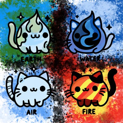 4 cats that represent the different elements, earth, water, air, and fire