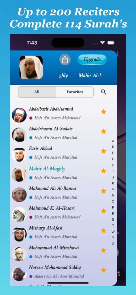 Quran MP3 app screen displaying a list of world-renowned reciters with search and favorites options