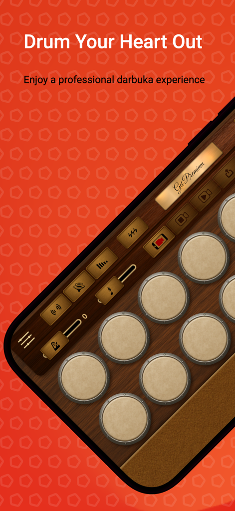 Darbuka - Interface of the Darbuka percussion app showing drum pads and music controls on a wooden surface