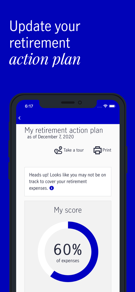John Hancock Retirement - Mobile app screen showing a retirement action plan with a 60 percent expense coverage score.