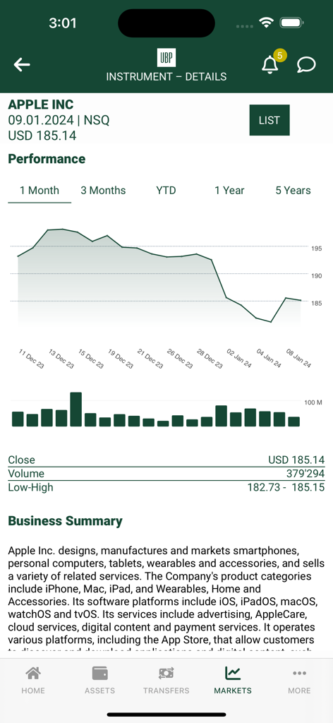 UBP Mobile - UBP Mobile app showing stock instrument details and performance chart for Apple Inc