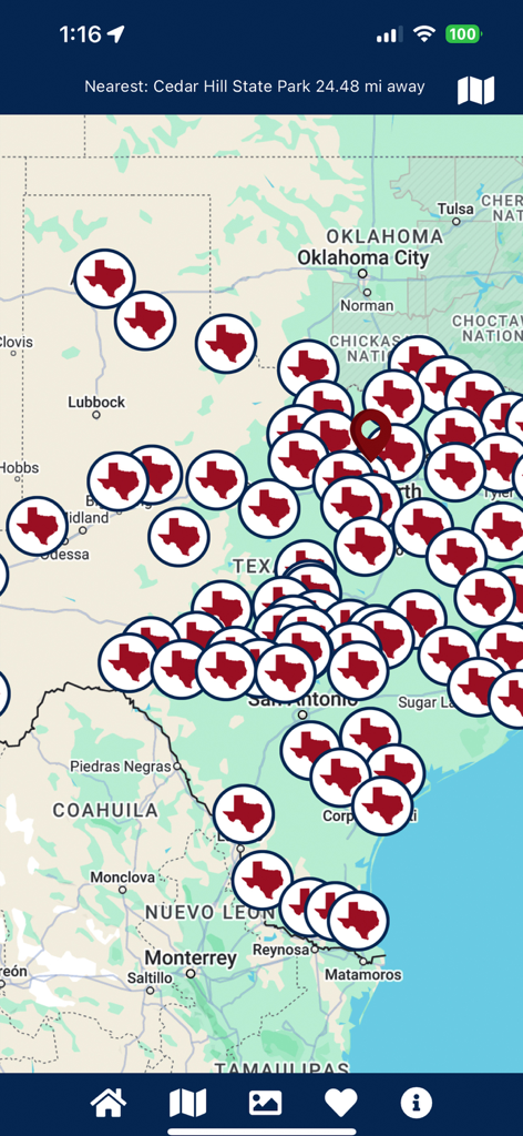 TX State Parks - A mobile app interface displaying a map of Texas with multiple icons indicating the location of different state parks.