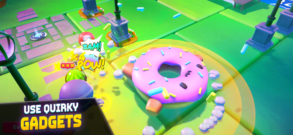 Rumble Club - Un gros beignet rose gadget au milieu d'une arène de combat dans Rumble Club