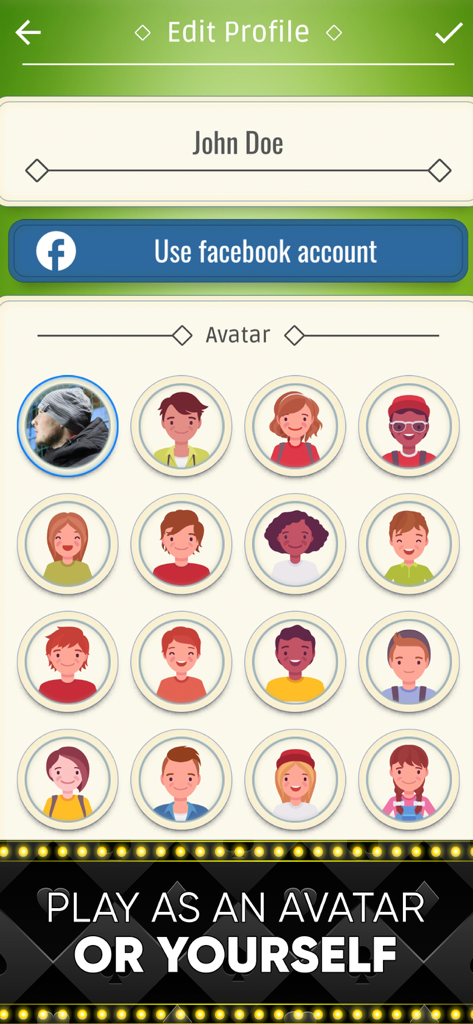 Gin Rummy: Classic Card Game - Gin Rummy edit profile screen showing name entry facebook login and multiple character avatar options
