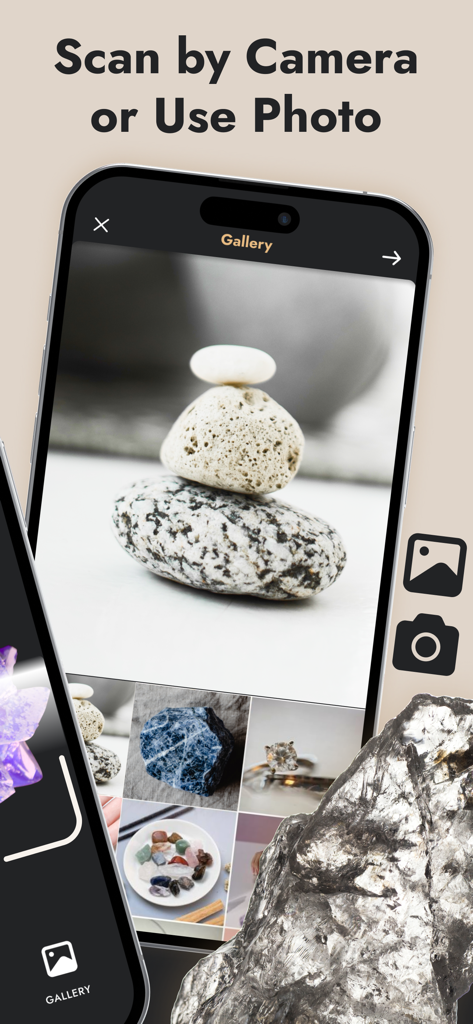Smartphone screen displaying the Stone Identifier app gallery for selecting rock and gem photos