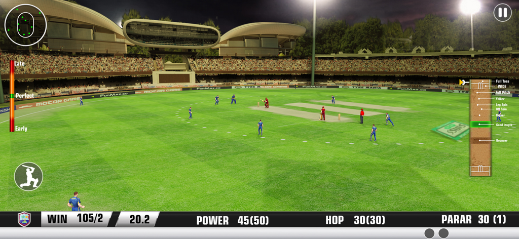 Mobile gameplay of Play Cricket Games 2026 featuring a cricket match in a realistic stadium environment.