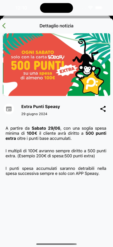 Dettaglio di una notizia promozionale nell'app Speasy che offre punti extra per la spesa del fine settimana.