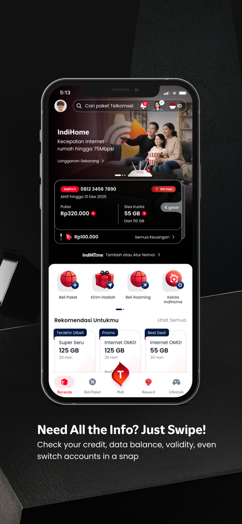 MyTelkomsel app dashboard showing credit and data balance info