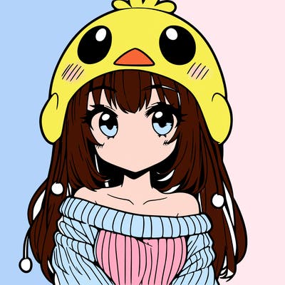 anime girl with chick shaped hat with sweater with bare shoulders with bangs covering them one eye with low tail