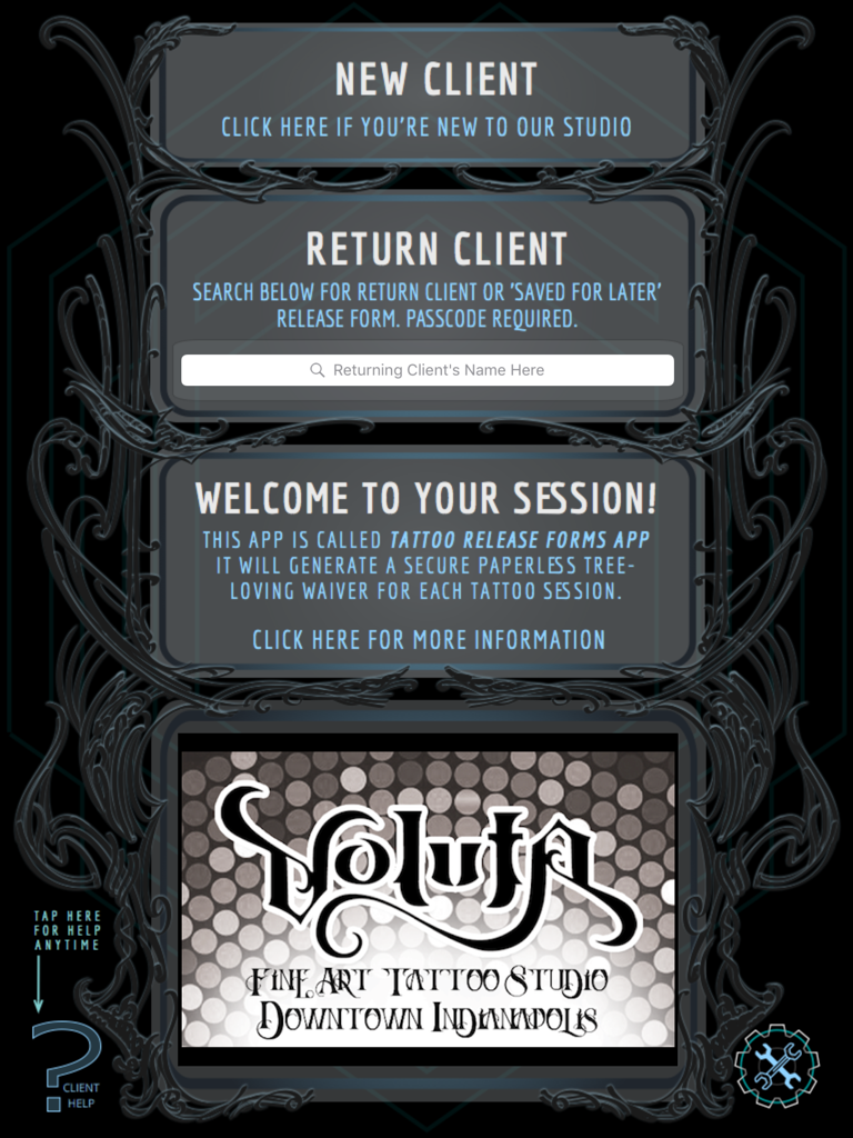 The client welcome screen of the Tattoo Release Forms app for digital waivers.