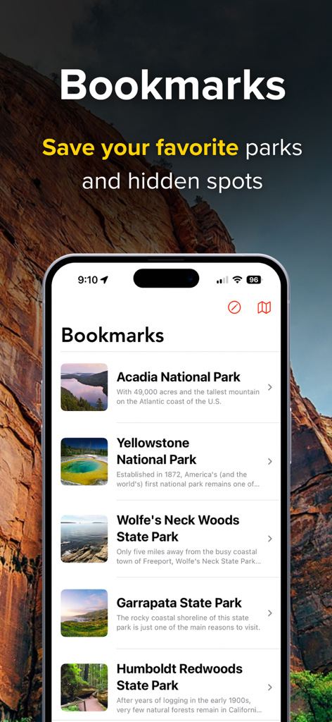 Bookmarks screen in the Chimani app listing favorite national and state parks