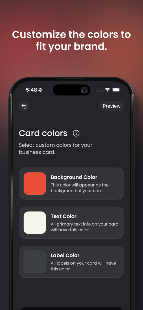 SoCard: Digital Business Card - Pantalla de personalización de color para una tarjeta de presentación digital profesional en la app SoCard.