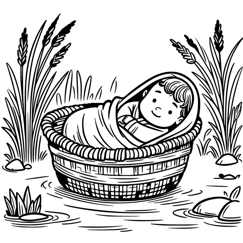 a baby lying in a basket in a river with reeds. biblical times