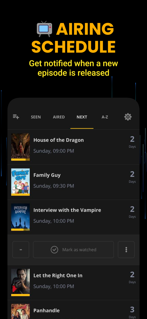 Simkl Lists: TV, Anime, Movies - App Simkl Lists che mostra il programma di trasmissione con notifiche per nuovi episodi di serie TV