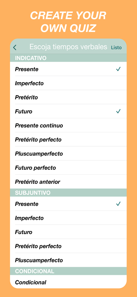 Spanish Verbs Quiz - Interface for selecting specific Spanish verb tenses like indicative and subjunctive to create a custom quiz