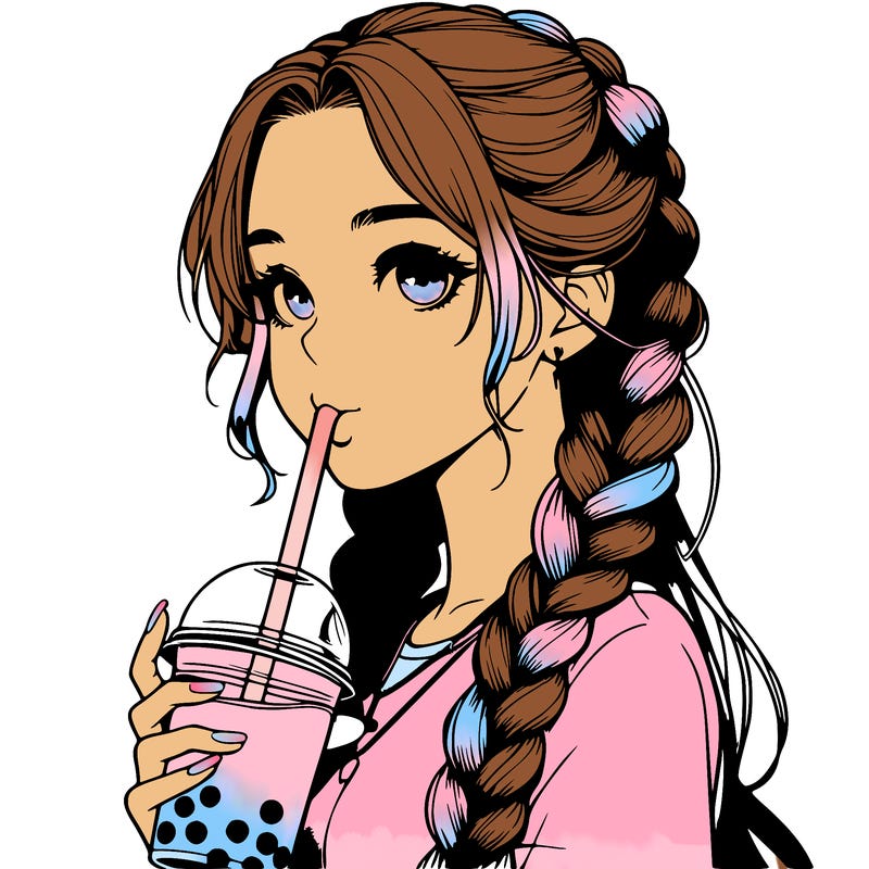 realistic girl with braided hair drinking boba