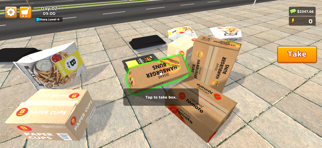 First person view of ingredient delivery boxes on a sidewalk in Burger Simulator