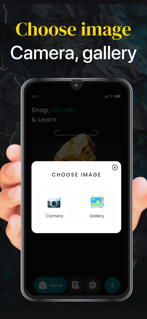 Interface of the Rock and Stone Identifier app showing options to upload a photo from the camera or gallery