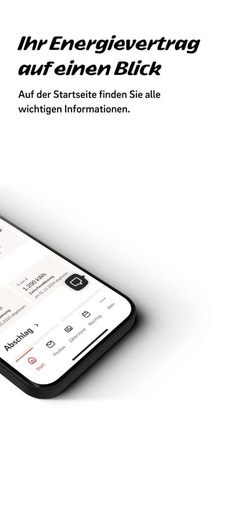 Mein E.ON - Pantalla de smartphone que muestra la página de inicio de la aplicación Mein E.ON con detalles del contrato de energía y el menú de navegación.