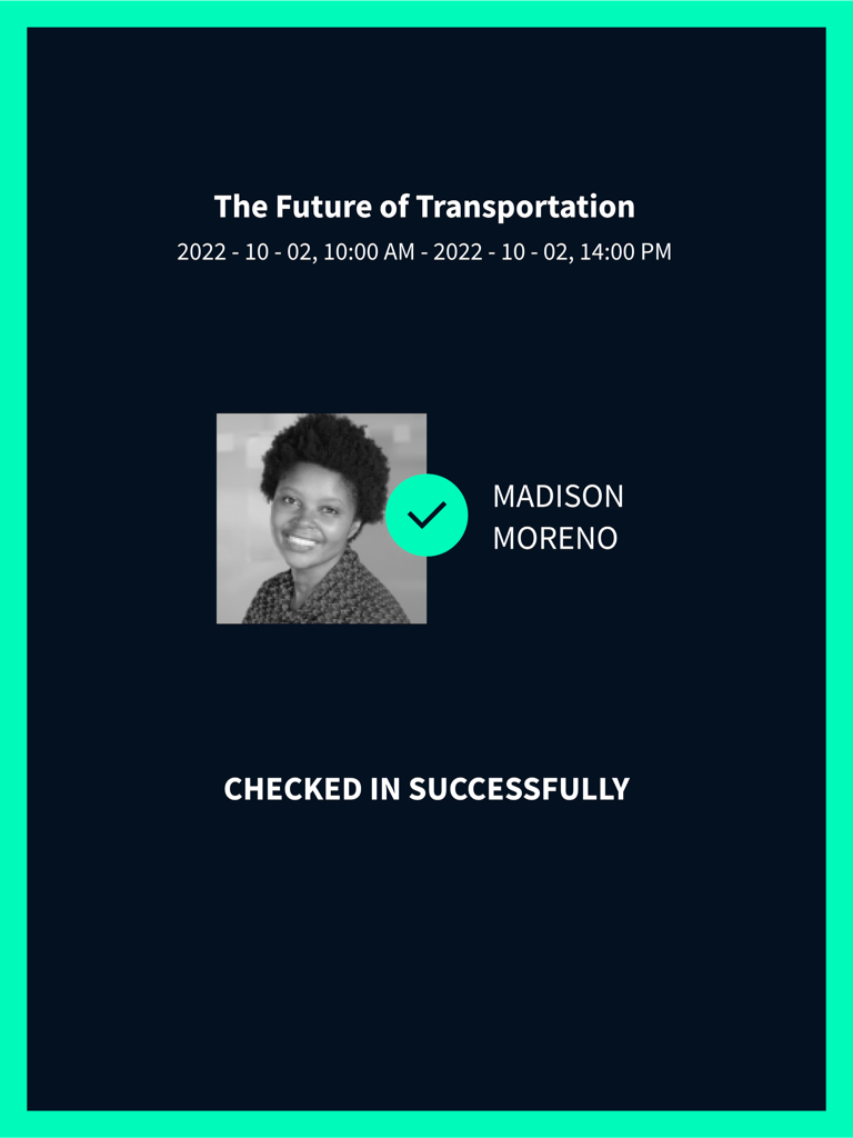 Successful attendee check in confirmation on Klik Technician App
