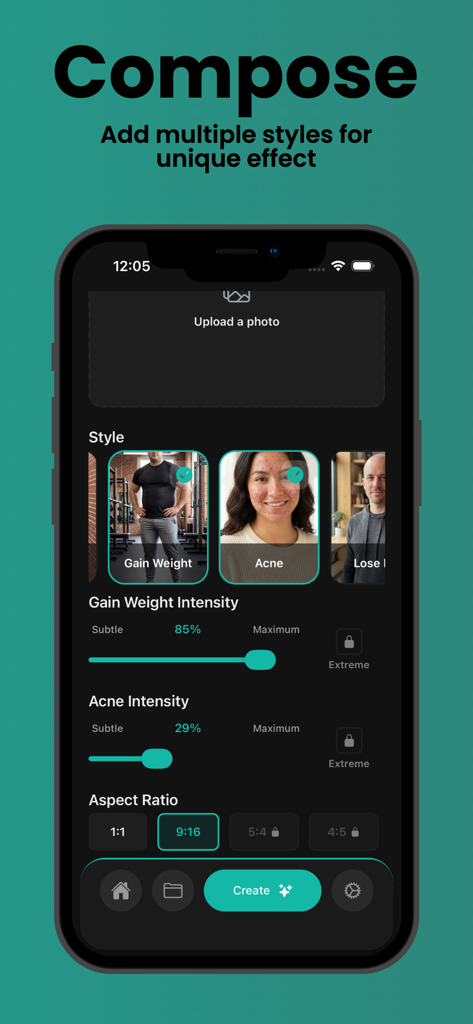 Photo Enchancer: Ai Glow Up - Interface of the AI Glow Up app showing the compose feature with multiple style selections and intensity sliders for photo editing