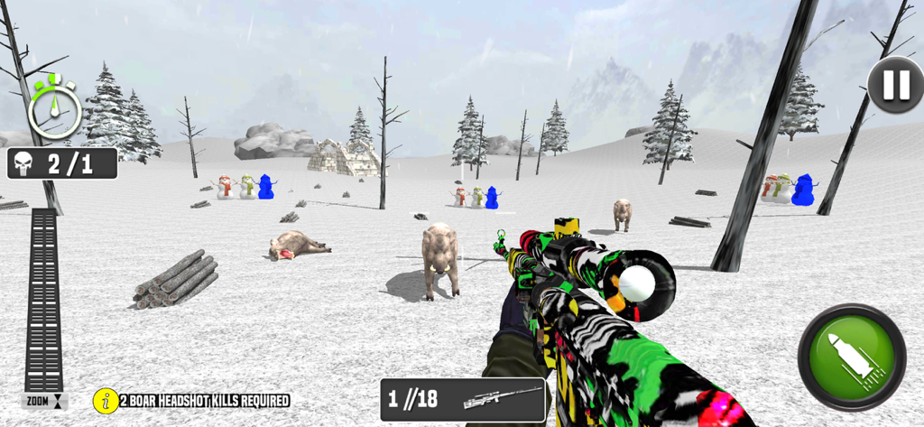 Sniper Shooter 3D :Deer Hunter - Vista en primera persona de un rifle de francotirador apuntando a jabalíes en una montaña nevada