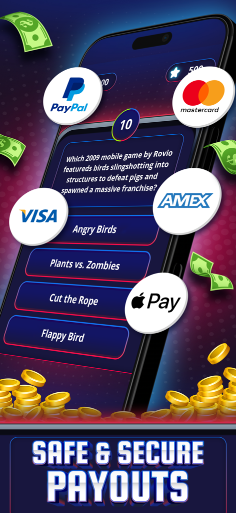 Pantalla de la aplicación móvil Skillz Trivia Showdown que muestra una pregunta de trivia y los logotipos de PayPal, Visa y Apple Pay, destacando los pagos seguros