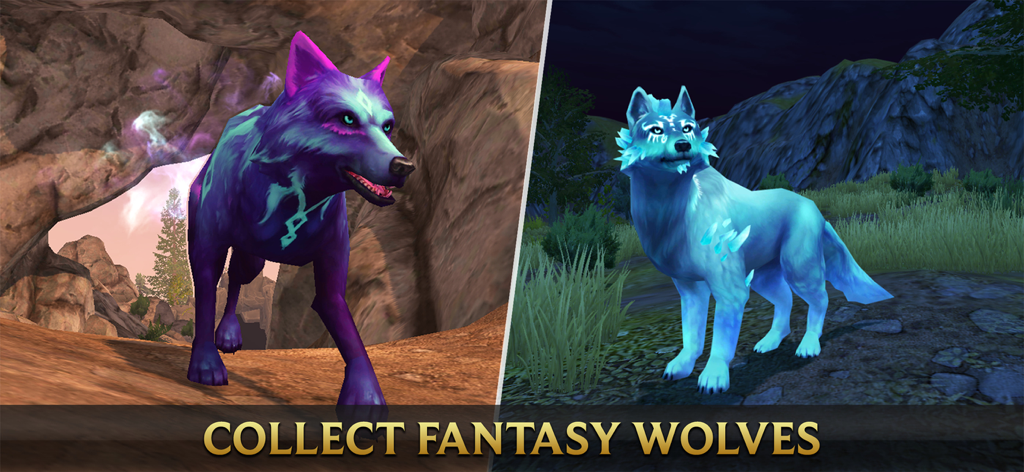 Wolf Tales - Online RPG Sim 3D - Deux loups fantastiques avec des skins brillants violet et bleu glace dans un environnement sauvage en 3D