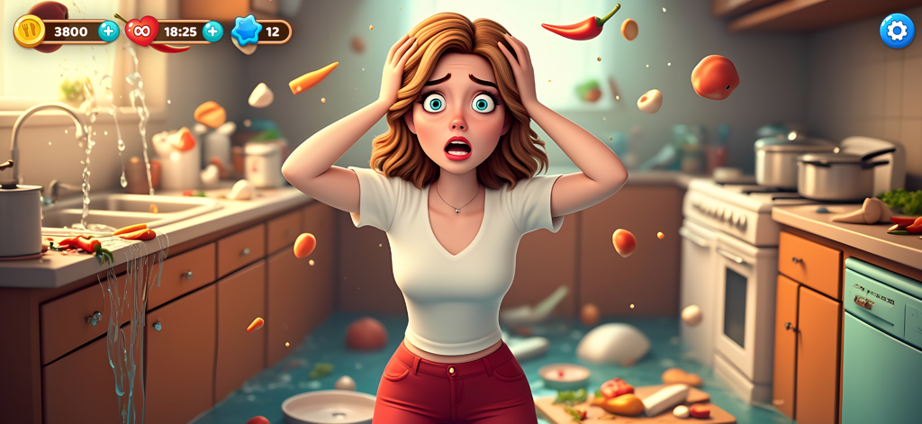 A stressed woman in a messy flooded kitchen with flying food items in Manor Cafe game