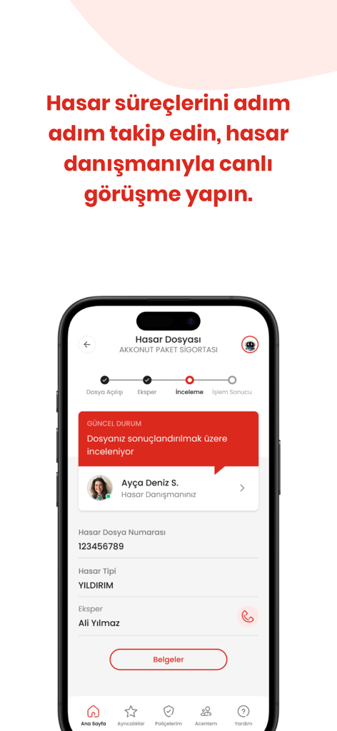 Aksigorta - Aksigorta mobile app screen showing step-by-step insurance claim status and consultant details.