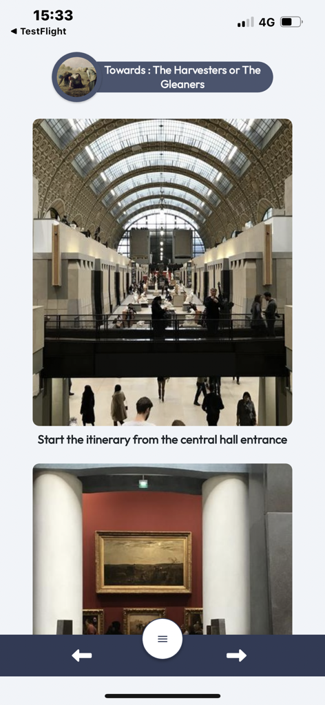 Interface de l'application mobile Visite et Guide d'Orsay montrant la navigation photo pour un itinéraire de visite de musée commençant dans le hall central.