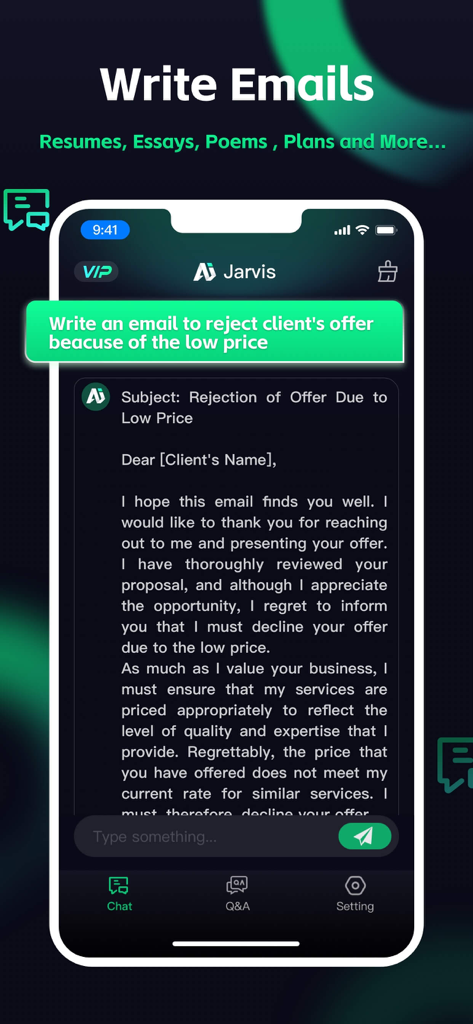 Jarvis: Your AI Chat Assistant - Jarvis AI Chat Assistant interface showing a professional email draft generated to reject a low-price client offer.