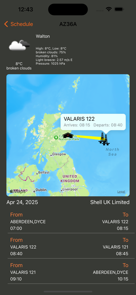 CHC Flights - CHC Flights app interface showing helicopter flight schedule and route map for offshore operations