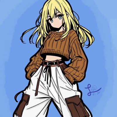 anime teen girl with baggy pants and crop top with sweater