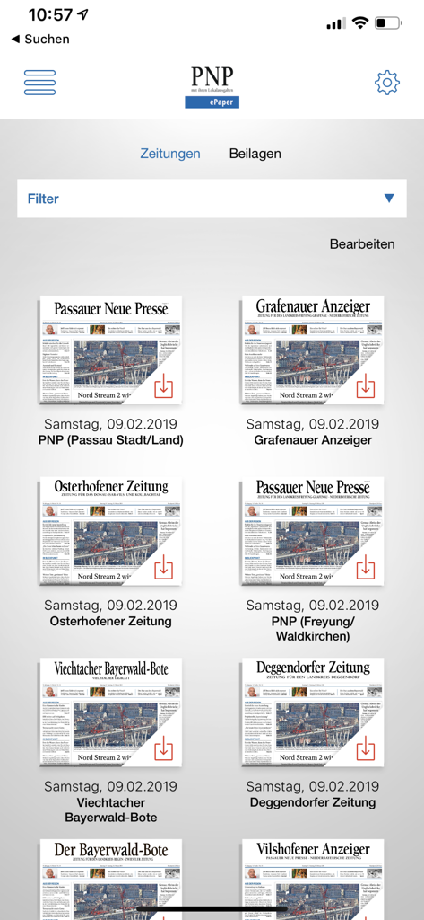 PNP ePaper - PNP ePaper app interface showing a grid of regional Bavarian digital newspaper editions for selection and download