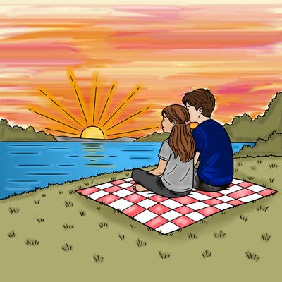 a realistic boy girl couple sitting on a picnic blanket watching the sunset on the lake