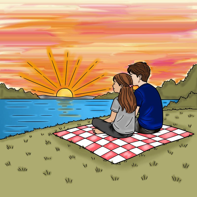 a realistic boy girl couple sitting on a picnic blanket watching the sunset on the lake