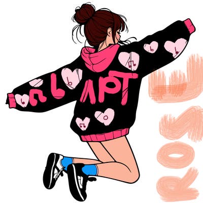 realistic girl jumping with a bun and oversized sweatshirt