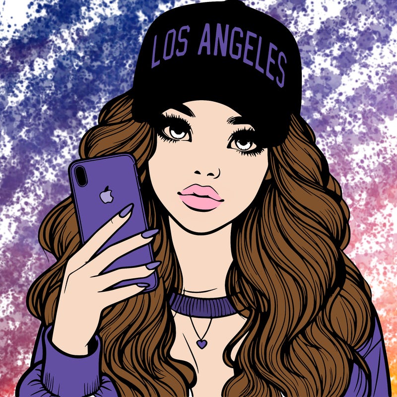 realistic beautiful girl wearing los ángeles cap holding an iphone