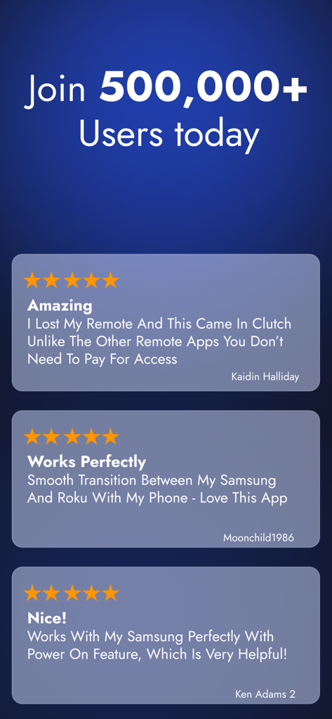 Positive user reviews and testimonials for the Universal TV Remote Control app showing high user satisfaction and 5-star ratings