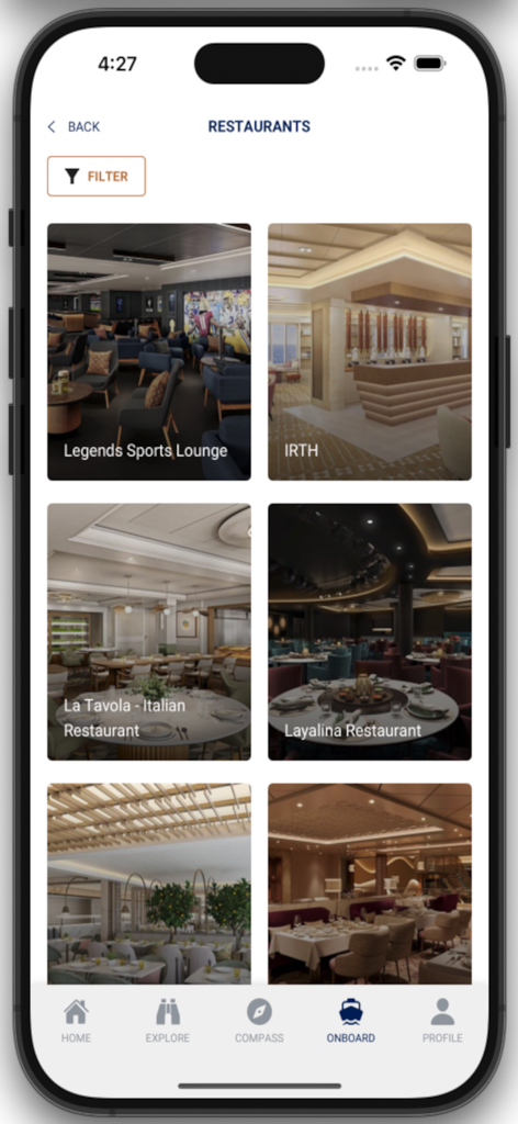 Tela do aplicativo AROYA Cruises exibindo opções de restaurantes e gastronomia de luxo a bordo