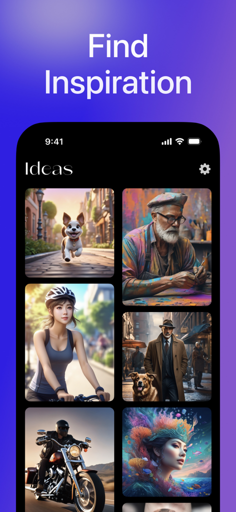 Magic AI Video & Art Generator - Mobile app screen showing a gallery of diverse AI generated images and art styles for creative inspiration.