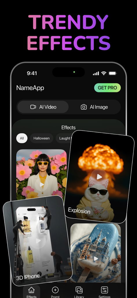 PixVerse - AI Video Generator. - Interface of the PixVerse app showing various trendy AI video effects like Explosion and 3D iPhone.