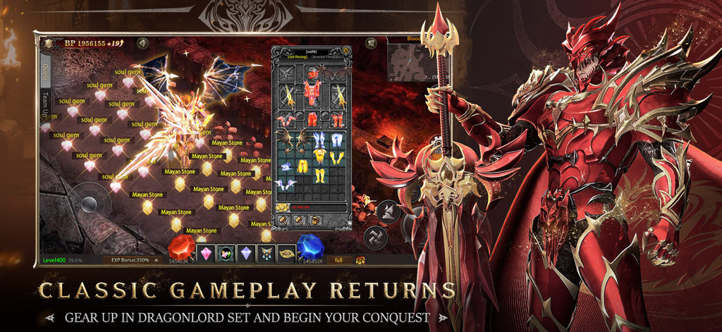 MU Immortal - Un personaje con armadura roja del Señor Dragón junto a una pantalla de juego mostrando el inventario y drops de gemas de alma en MU Immortal.