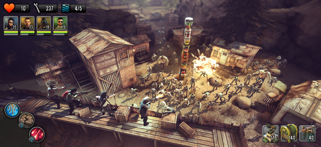Last Hope TD - Gameplay screenshot of Last Hope TD showing heroes defending a post-apocalyptic base against a zombie horde.
